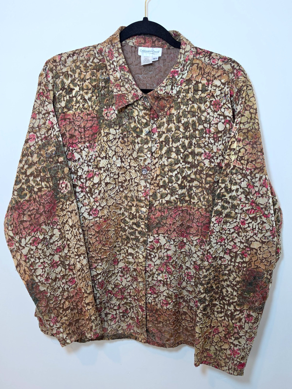 Vtg Coldwater Creek Multicolor Brown Floral Velvet Burnout Button Shirt XL Earth